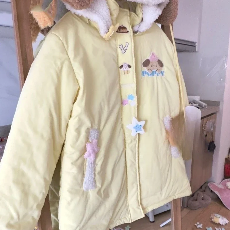 Kawaii น่ารักการ์ตูนเย็บปักถักร้อย Casual Hooded Coats ญี่ปุ่นฤดูหนาว Patchwork หลวม Parka Y2k ความงาม Grunge กระเป๋าผู้หญิง Tops