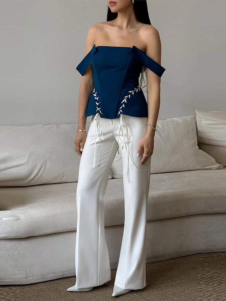 Schulterfreie, taillierte Schnür-Korsett-Tops für Damen, sexy, ärmellos, rückenfrei, getäfeltes, schmales Oberteil, schicke Damenkleidung – Detail 10