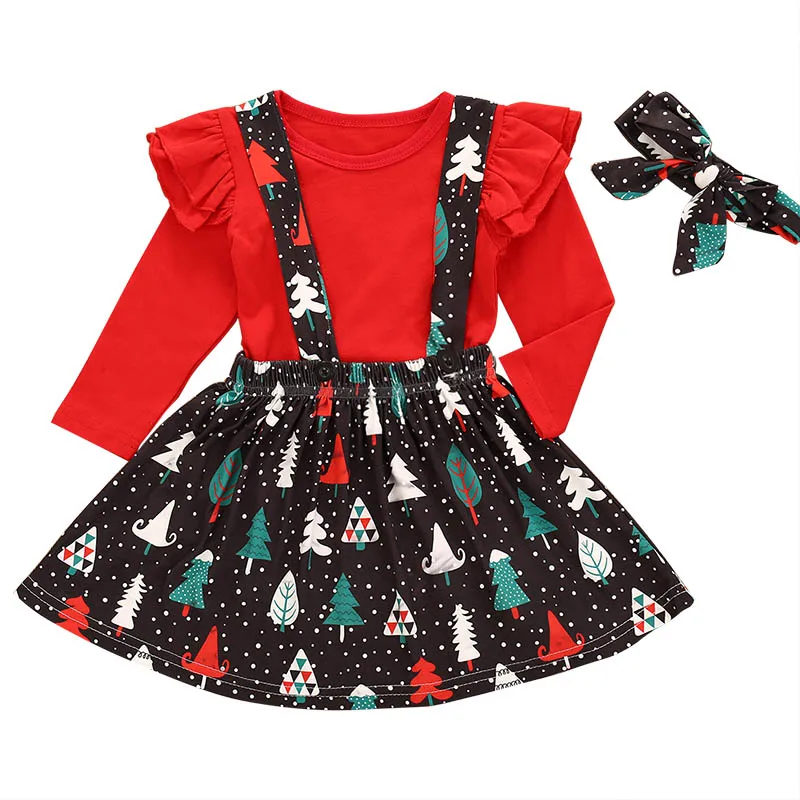 

Christmas Baby Dress 1 2Y Girls Autumn Cotton T-shirt Tops+Strap Dress+Headband Kids Christmas Tree Clothes Baby Red Party Sets