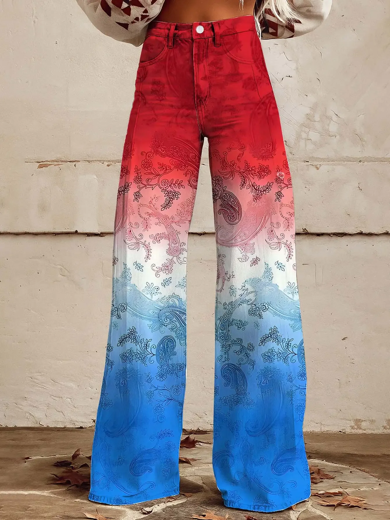 Women's new printed jeans with denim like fabric, Retro Romantic Pink Black Rose Pattern Printed Loose Horn Imitation Jeans