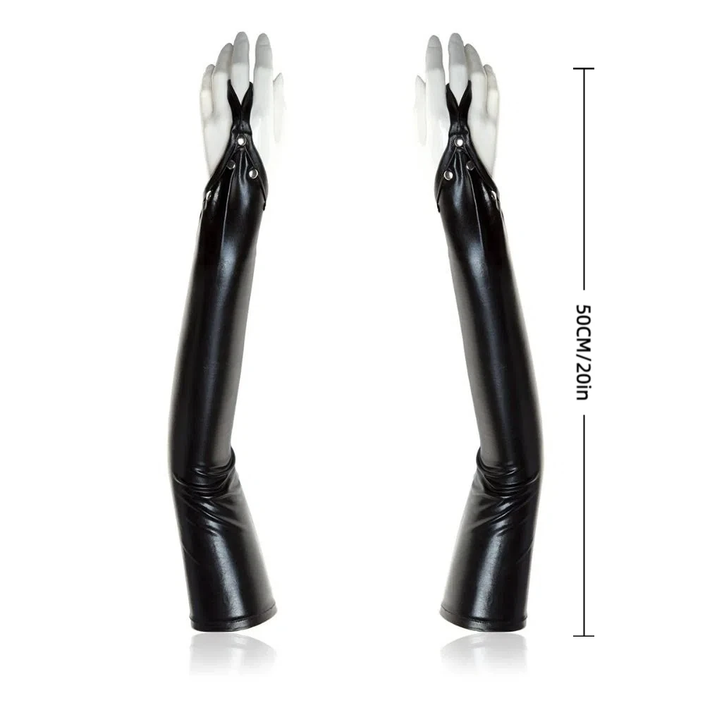 Fingerless Design ผู้หญิงถุงมือยางยาว Rivets รายละเอียดถุงมือโลหะยืดวัสดุพื้นผิวเงา Wetlook ถุงมือ
