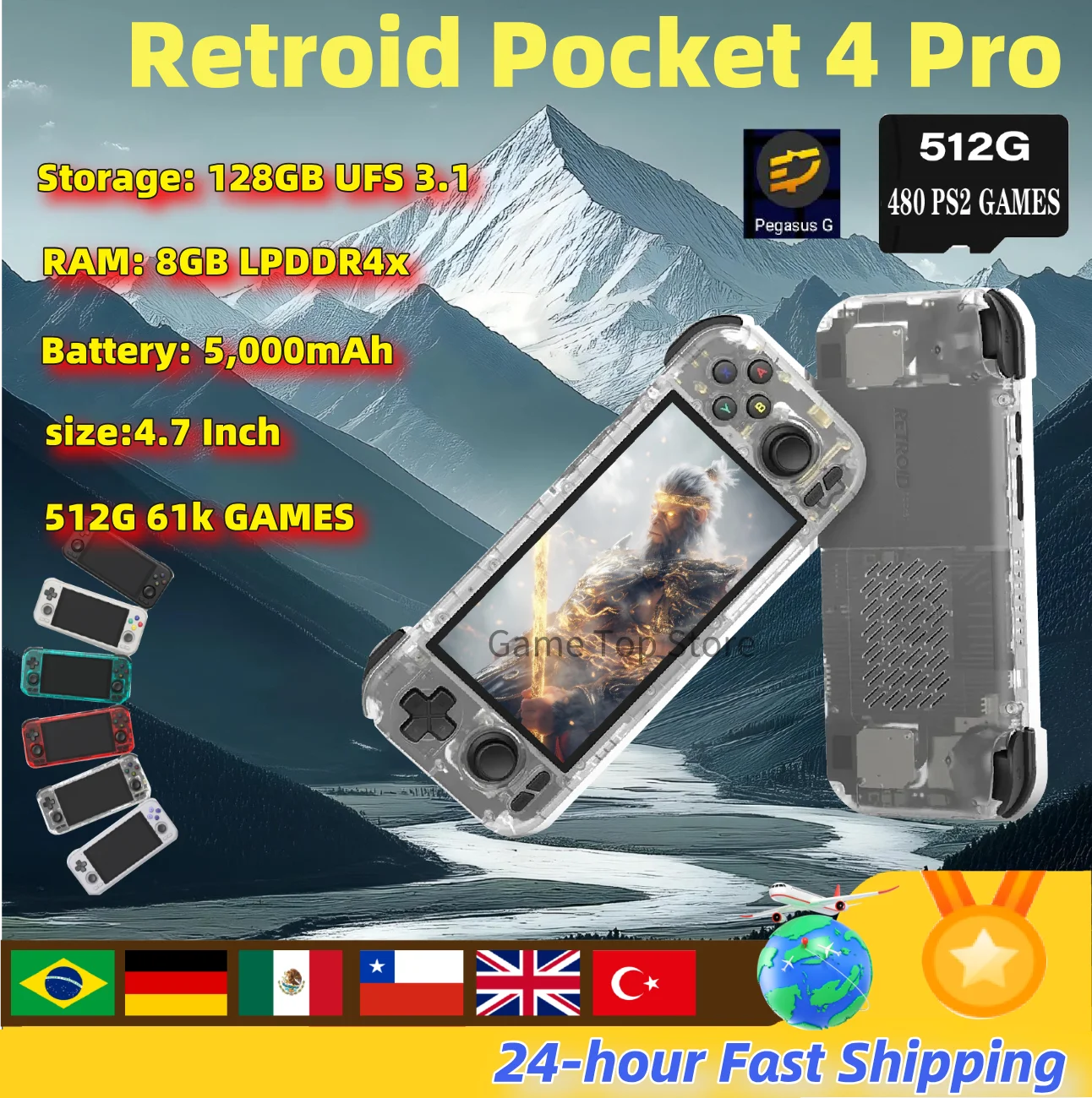 Retroid Pocket 4 Pro Handheld Game Console  RAM 8G+128GB 4.7 Inch Touch Screen Bluetooth 5.2 5000mAh Games Hobbies PSP PS2  Gift