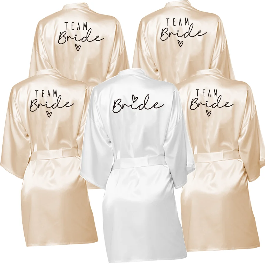 Wedding Party Team Bride Robe With Black Letters Kimono Satin Pajamas Bridesmaid Bathrobe Bridal Party Gifts Dressing Gown