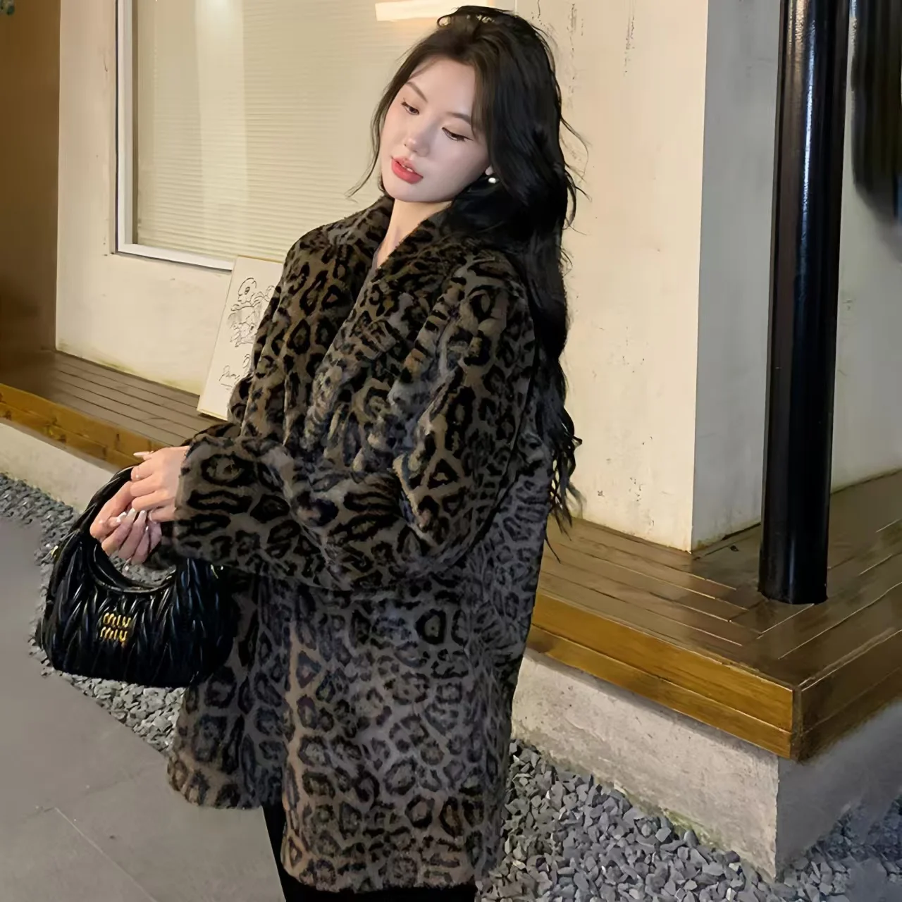 Faux Mink Fur Coat for Women,Double Breasted Jacket,Thick Warm Clothes,Leopard Print,England Style,Autumn and Winter, 2024