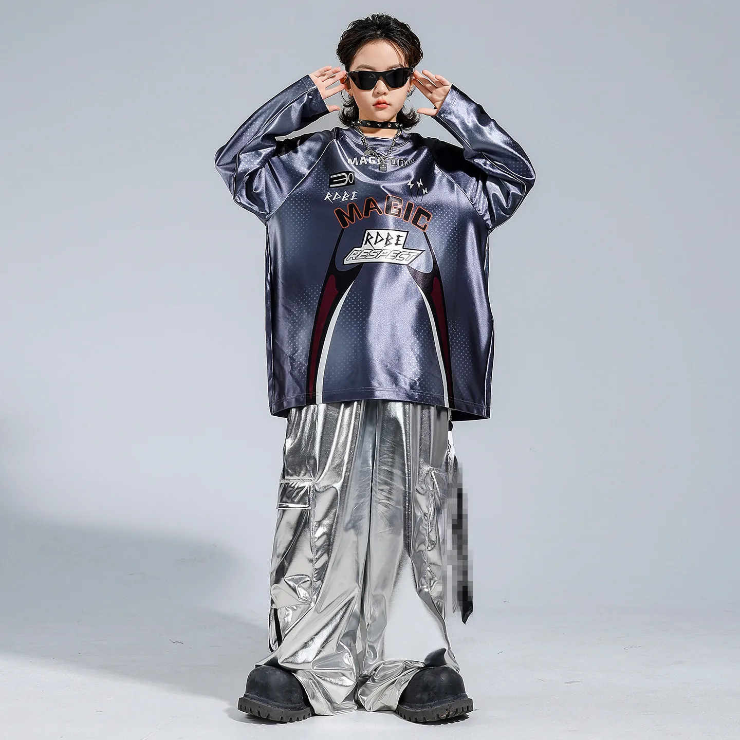 Kid Kpop Hip Hop Clothing White Print Sweatshirt Top Gray Casual Sweat Jogger Pants for Girl Boy Jazz Dance Wear Costume Clothes