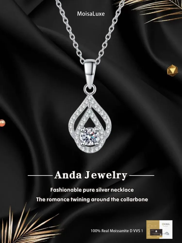 

Moissanite Plata Sterling 925 Silver Water Drop Hollowed Moissanite Pendant Necklace Jewelry GRA Certified