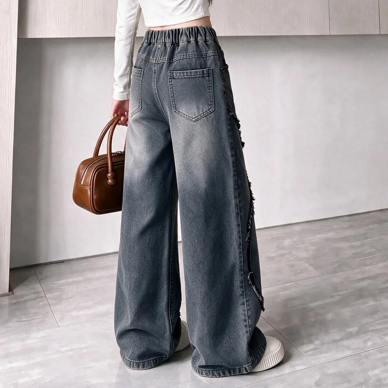 Autumn Tassel Jeans For Girl Kids Vinatge Wide Leg Denim Pants Spring Autumn Children Casual Wide-leg Trousers Teenager Clothes