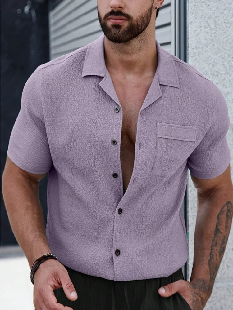 Men's short sleeve shirt, costume collar, British style, Hawaiian street fashion, plain color, Cardigan, new summer collection