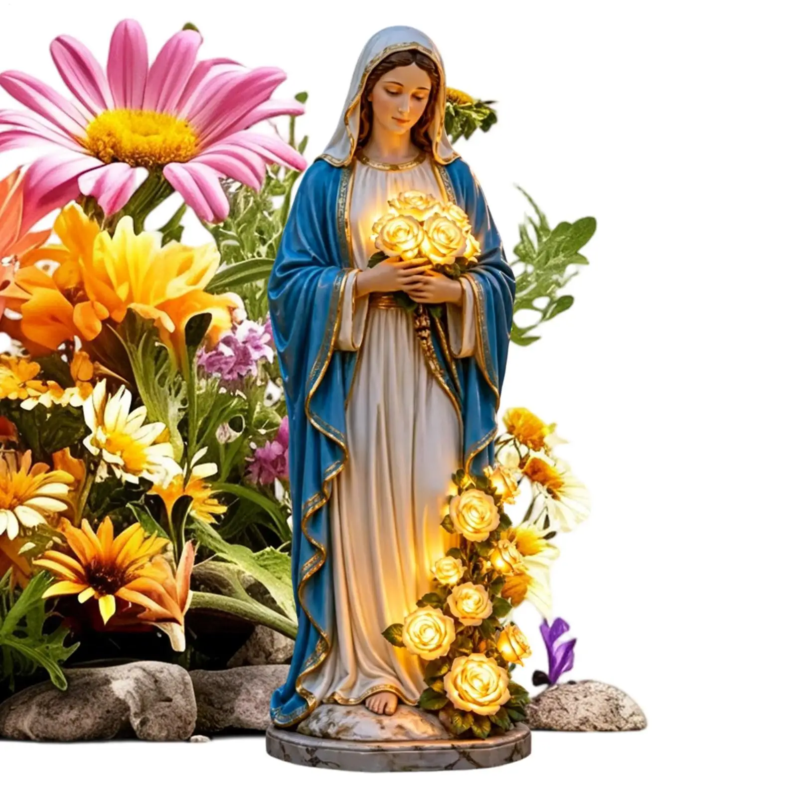 Maria-Gartenfigur für Außenbereich, Christliche Statue, Beleuchtete Gartendekoration mit Leuchtender Rose, USB-Lampe für Rasen, Terrasse und Veranda
