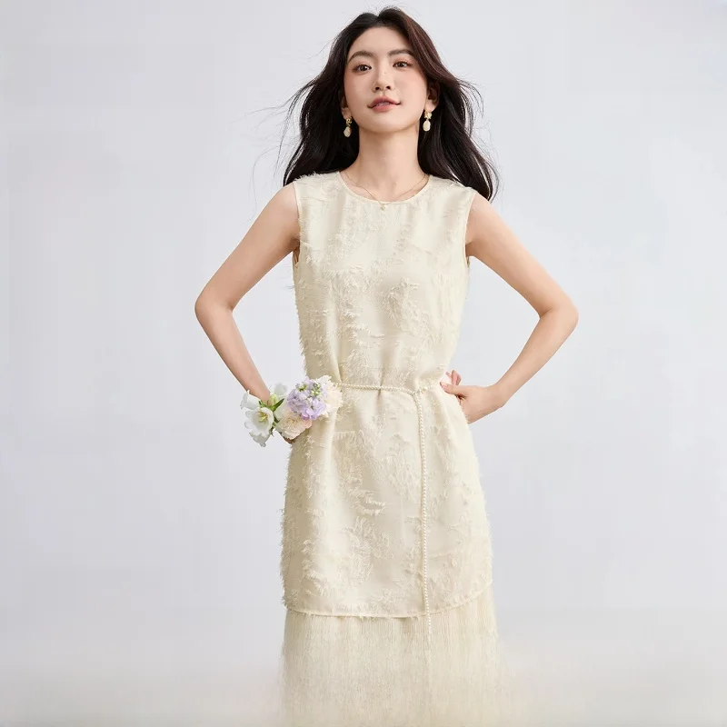 

Ele Commuter Dr Women's 2026 Feather Trimmed Floral Cutout Pearl Belted Mid-Length Skirt Ci Commute Summer Thin H-Line