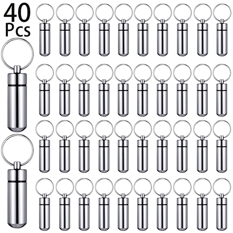 40Pcs Portable Pill Case Keychains First Aid Pill Container Mini Pill Container Waterproof Aluminum Keychain Pill Case Keychain