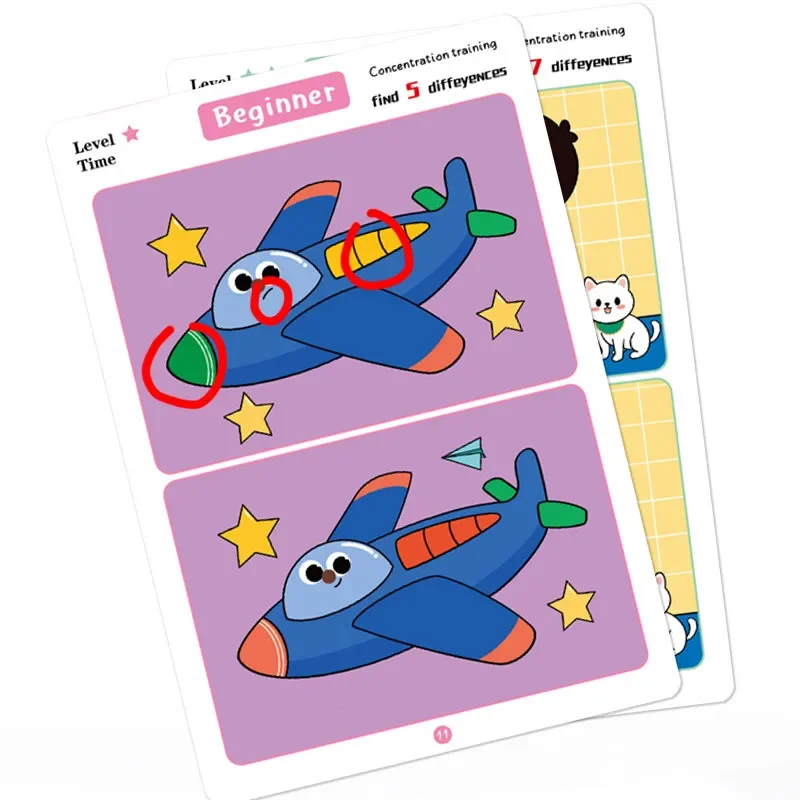 Jeu de cartes de recherche des différences réutilisable, puzzle éducatif de dessin animé pour enfants, trois niveaux de difficulté pour l'entraînement de la concentration et de l'attention