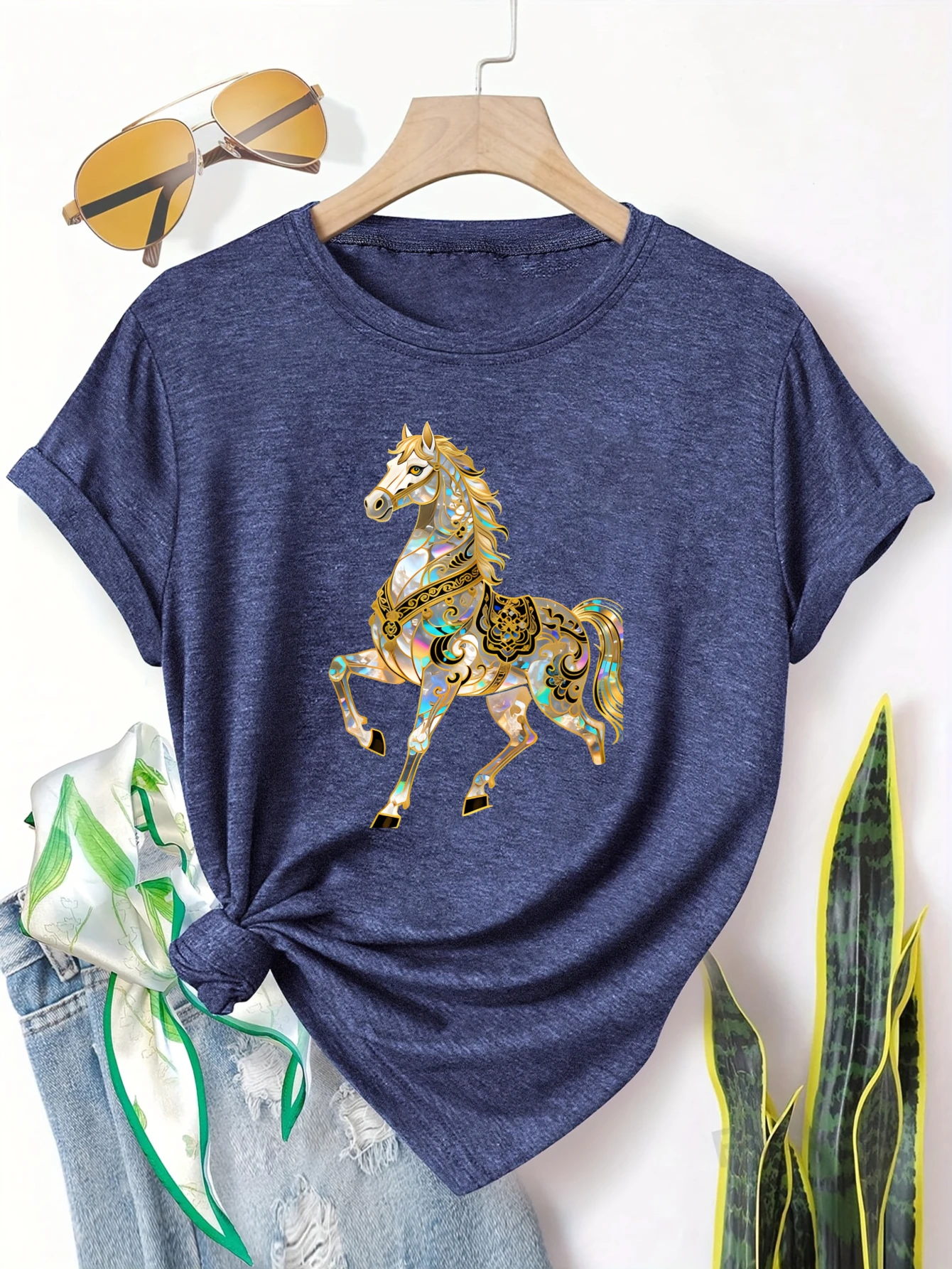 

Plus Size Women's Short Sleeve T-Shirt Golden Horse With Ornate Design Must-haves for Spring and Summer summer outfits women's