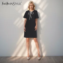 TWOTWINSTYLE Spliced Zipper Elegant Dresses For Women Round Neck Short Sleeve High Waist Solid Patchwork Diamonds Dress Female