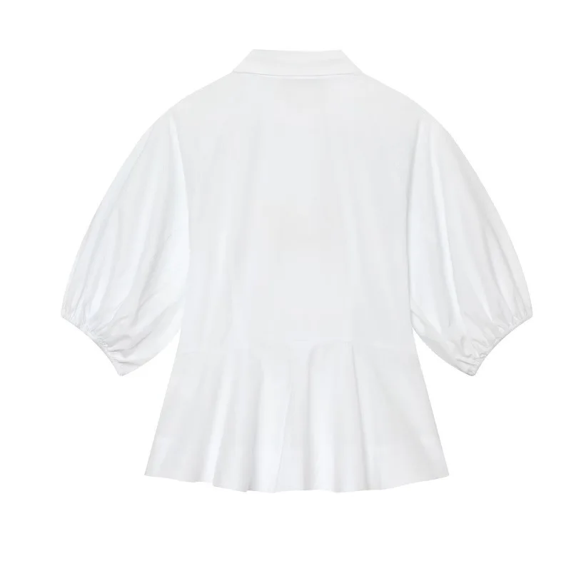 Withered Collar And Waist Cinching Skirt With Bubble Sleeves At The Hem, Women's Shirt Blouses Women's Clothes Shirts Tops