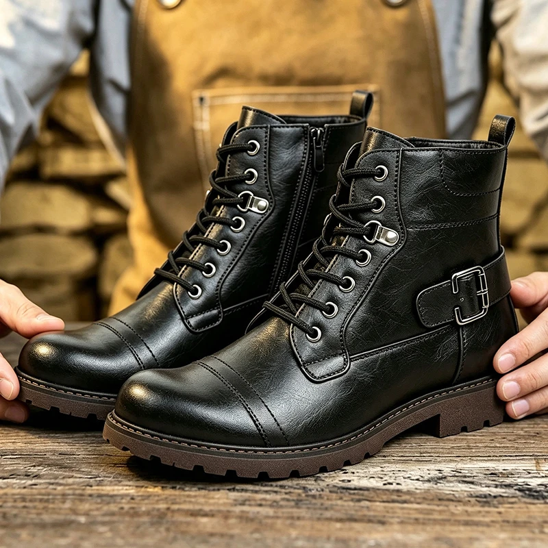 men's casual stage nightclub natural leather boots lace-up platform shoes cowboy tooling work boot black brown ankle botas mans