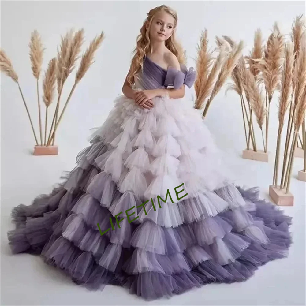 Robe de demoiselle d'honneur champagne pour mariage, appliques en tulle, manches longues avec nœud, robes de fête d'anniversaire chariste pour enfant, première année