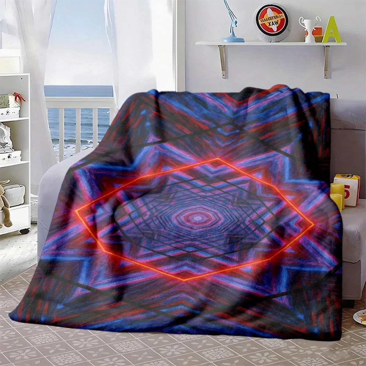 Neon Gradient Optical Illusion Hexagon Tunnel Pattern Comfortable Fleece Blanket Fit Living Room Bed Camping Modern Household