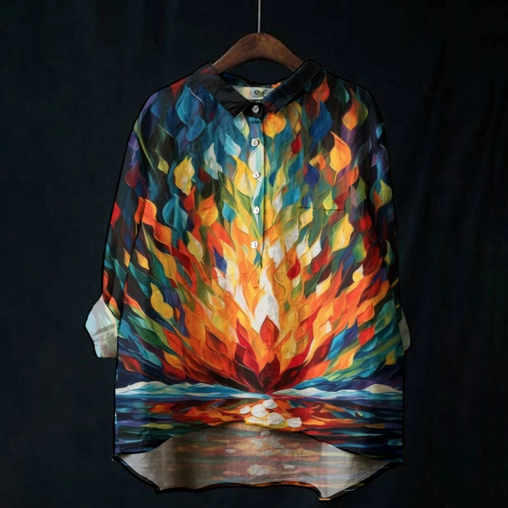 Flame-Inspired Print Long Sleeve Shirt For Women Layers of Color Abstract Patterns Women's Casual Shirt Modaling Chic Outfit