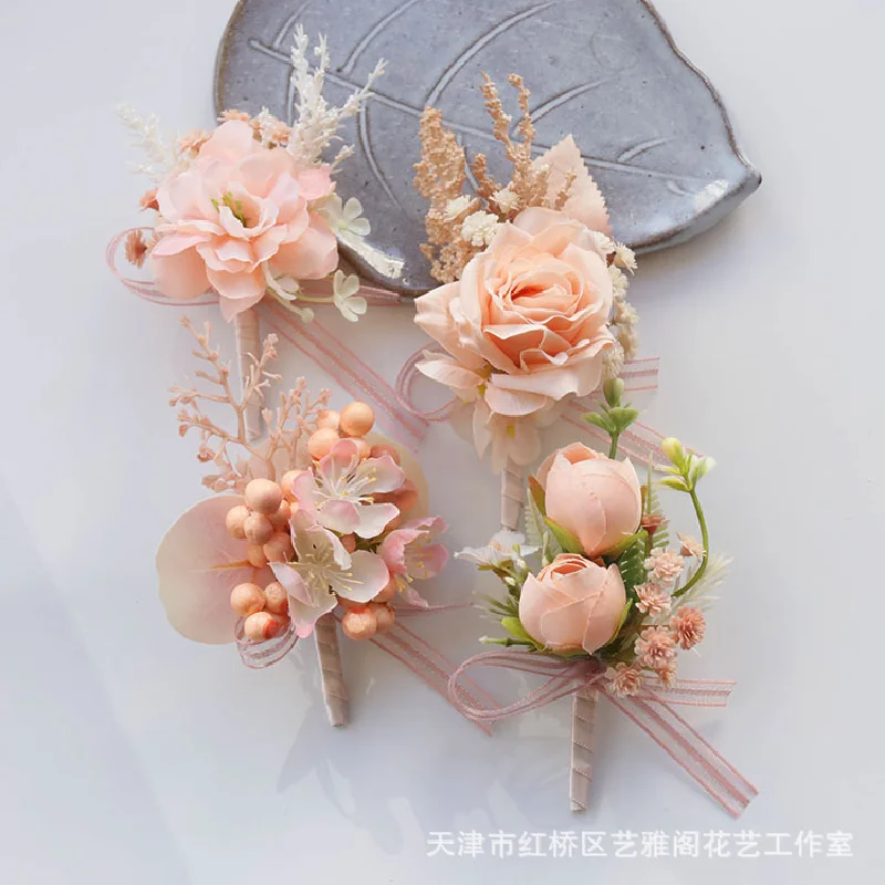 2404Wedding supplies banquet guest artificial flower bridegroom bride corsage hand honey peach pink