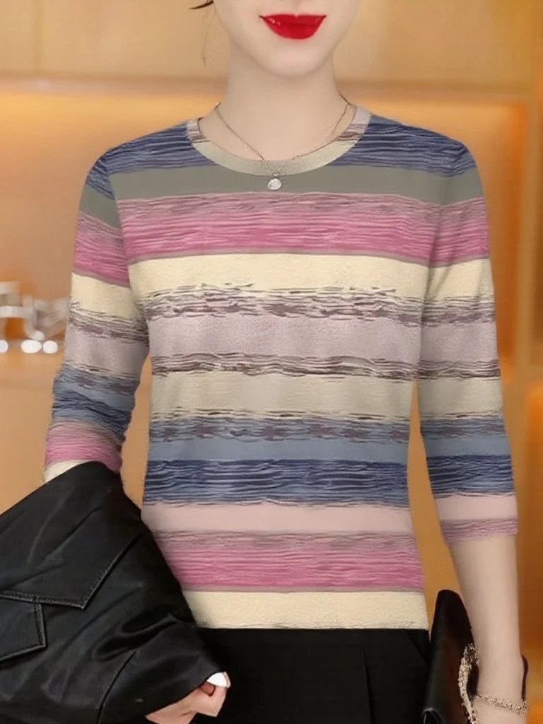 

Элегантная полосатая футболка с длинным рукавом в стиле Mom, свободного кроя, стройнящая, омолаживающая, для женщин среднего и пожилого возраста, дышащая, теплая...