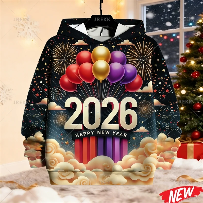 

2026 новогодняя толстовка для мужчин, красочный воздушный шар, фейерверк, толстовка с узором, пуловеры для вечеринок с Новым годом, толстовки с длинными рукавами