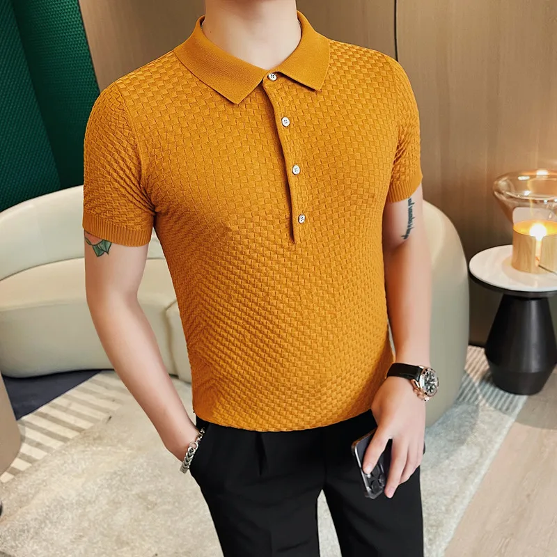 Summer Clothing Men's Luxury Knitted Jacquard Polo Shirt Casual Breathable Leisure Lapel Short Sleeve Knitwear New 4XL-M