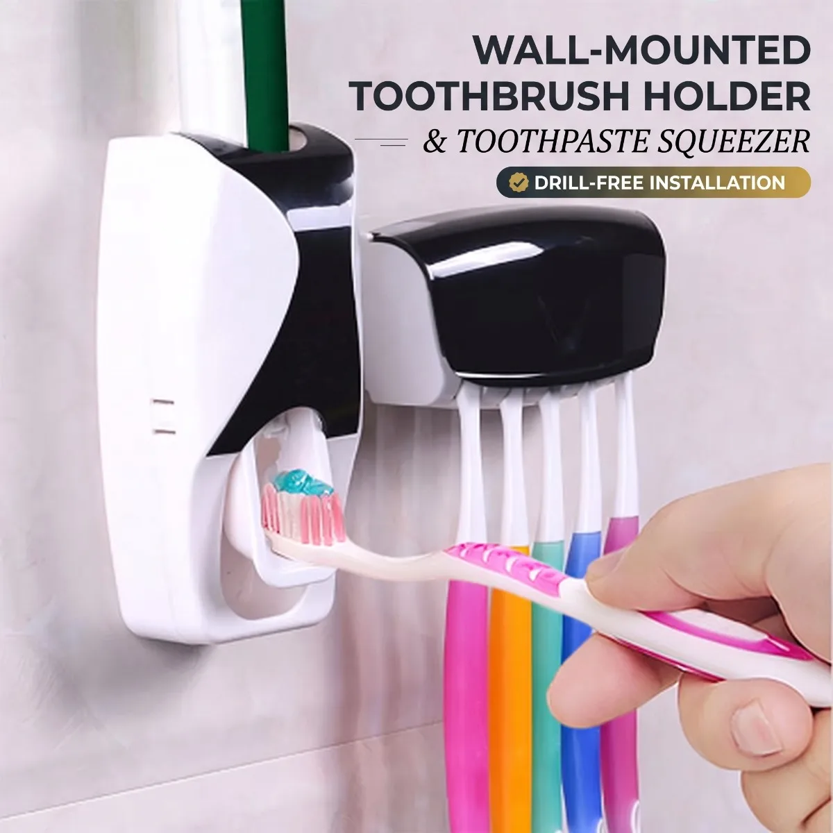 2pcs Set Punch-Free Wall-Mounted Toothbrush Holder Automatic Toothpaste Dispenser Storage Box Toiletries Rack Bathroom Organizer