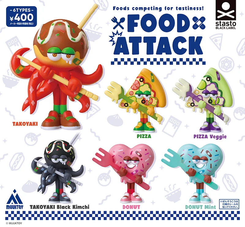 Juguetes cápsula Stasto: Figuras Gashapon de Food Attack Guards con Takoyaki, pizza de pulpo, donut, palillos y tenedor, y figuras de snacks de pie.