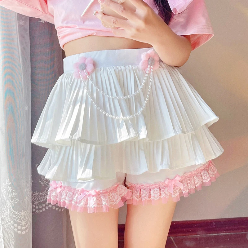 

Summer Kawaii White Pleated Mini Skirt Women Skort 2022 Korean Style Fashion School Girl Lolita Ruffle Floral Lace Shorts Skirts