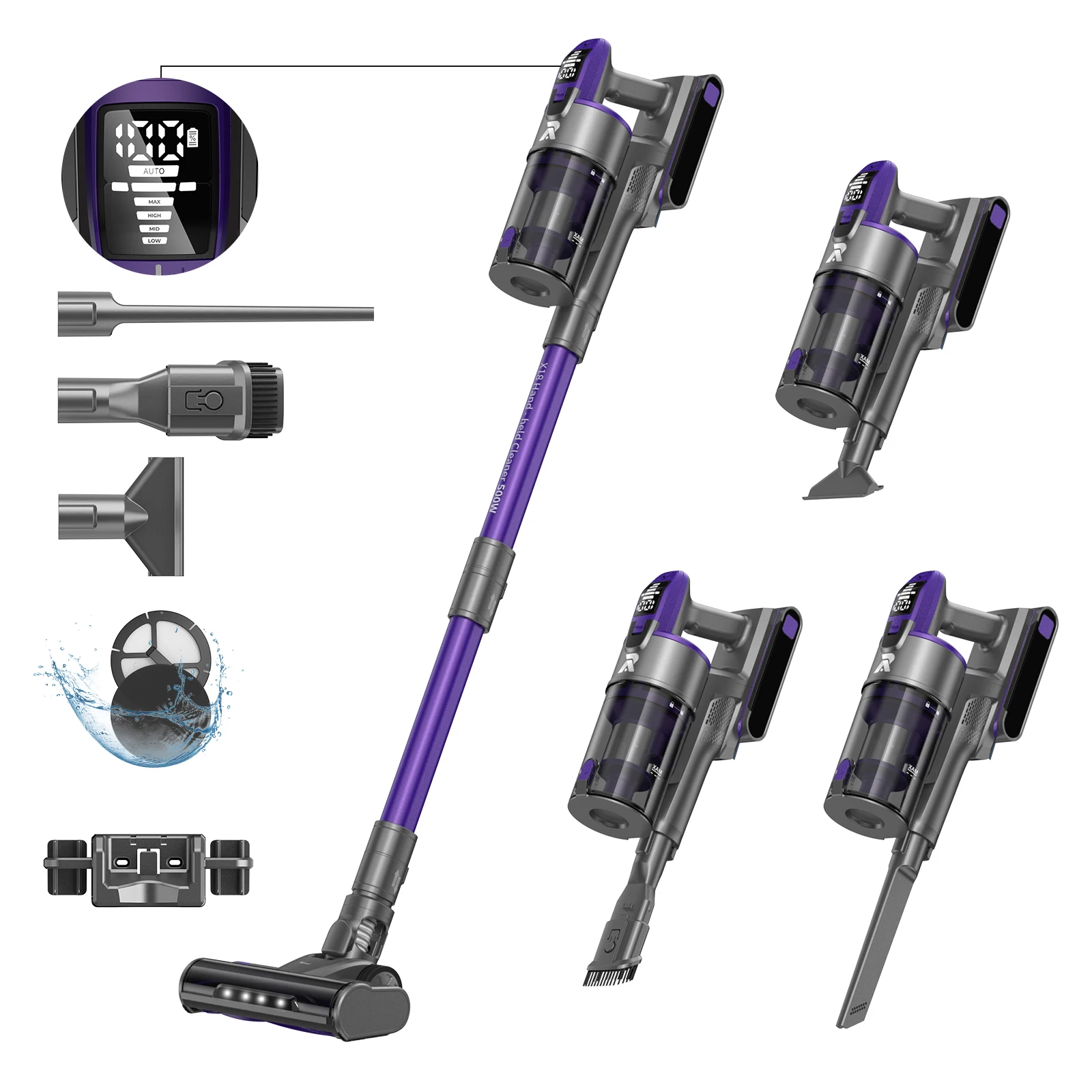 Redroad X18 500W Kabelloser Staubsauger 33000PA Ultra Starke Saugkraft, Bis zu 65 Minuten Laufzeit, Abnehmbarer Akku 8-in-1 Handstaubsauger für Zuhause, Teppich, Auto