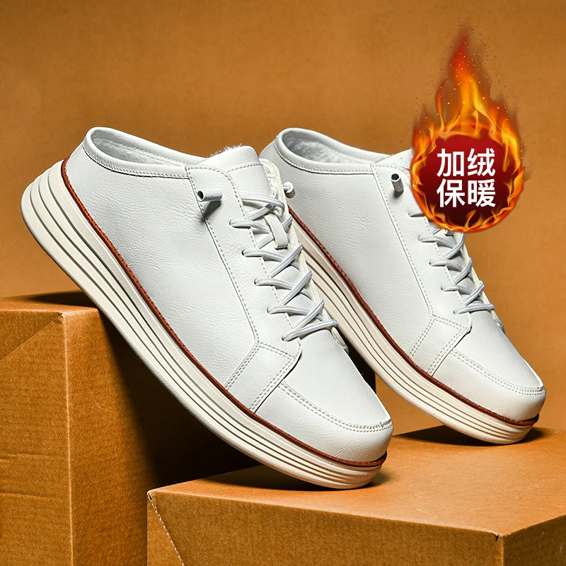 

Winter Fur Half Shoes for Men Mules Loafers Slippers Open-back Casual Board Shoes Leather Slides Sandal Plush Slip On Flats