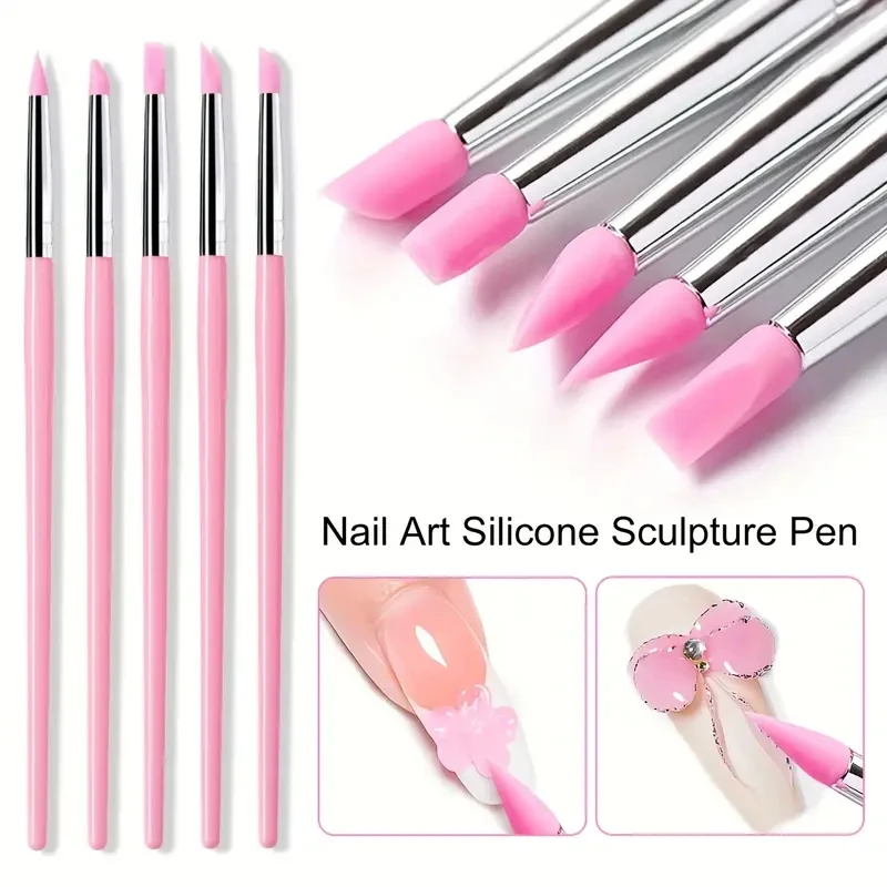 5Pcs/Set Silicone Nail Brush Sculpture Pen UV Gel Shaping Pink Silicone Brushes Painting Pens For Modeling Nail Art DIY Tool ACC