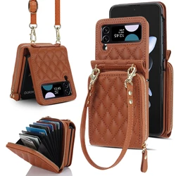 Zipper Multi Cards Holder Leather Wallet Bag Leather Case for Samsung Galaxy Z Flip 5 4 3 Flip5 Flip4 Strap Lanyard Purse Cover