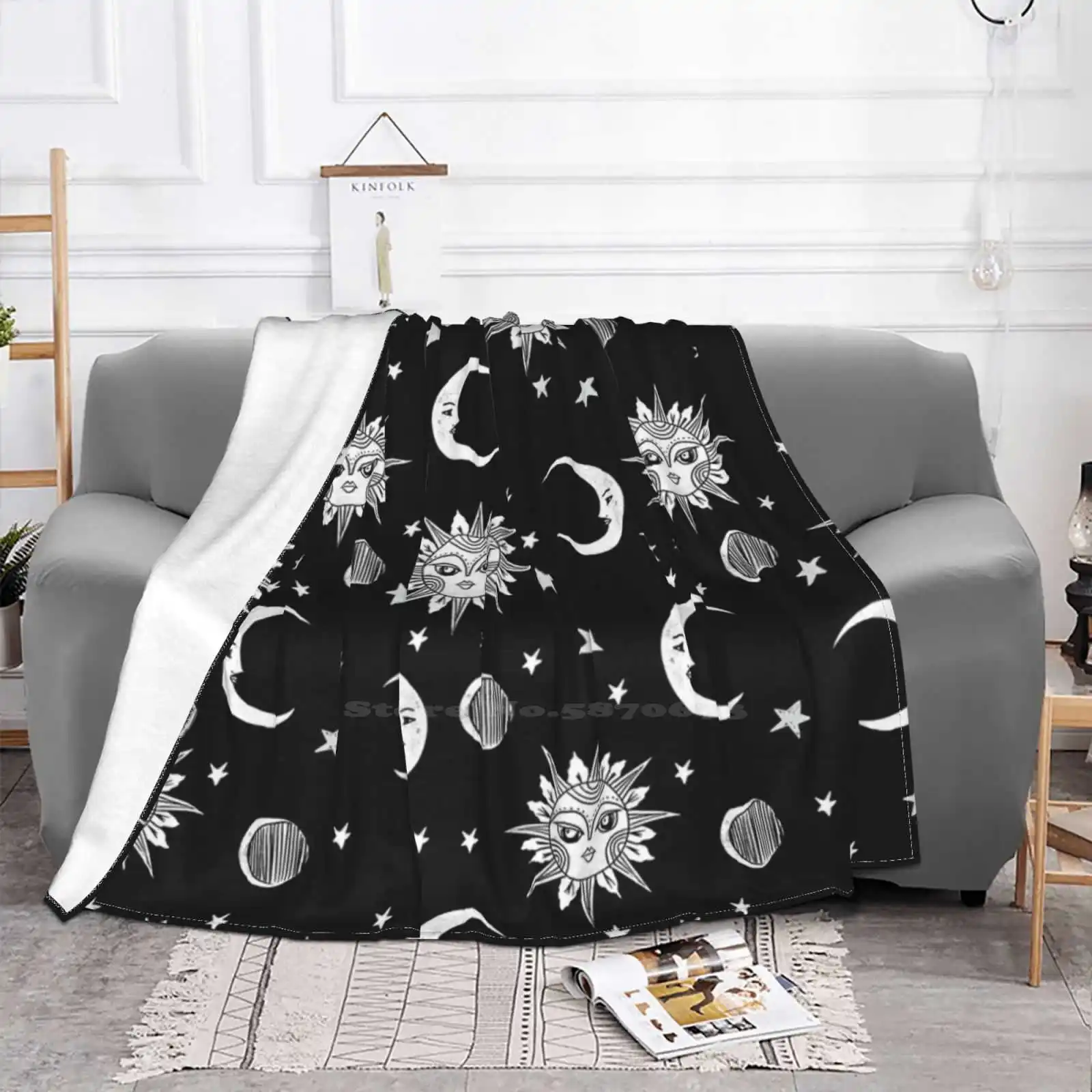 Linocut Black And White Sun Moon And Stars Outer Space Zodiac Astrology Gifts Latest Super Soft Warm Light Thin Blanket Linocut