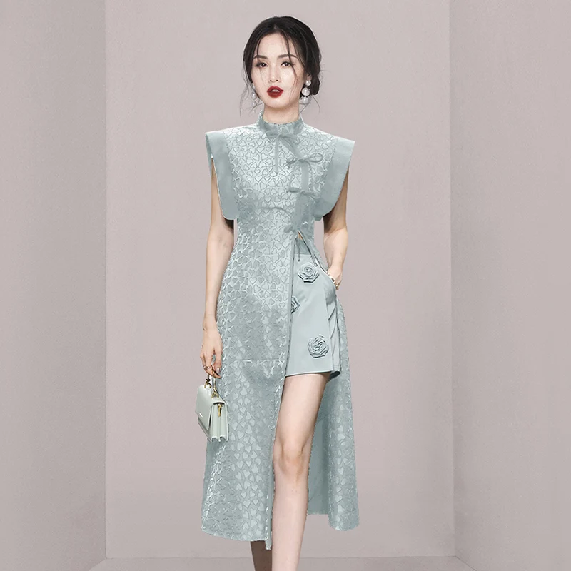 TRAF Chinese style Elegant Cheongsam Summer New  Office Lady Vintage Mandarin Collar Shirt + High Waist Shorts Two pieces Sets