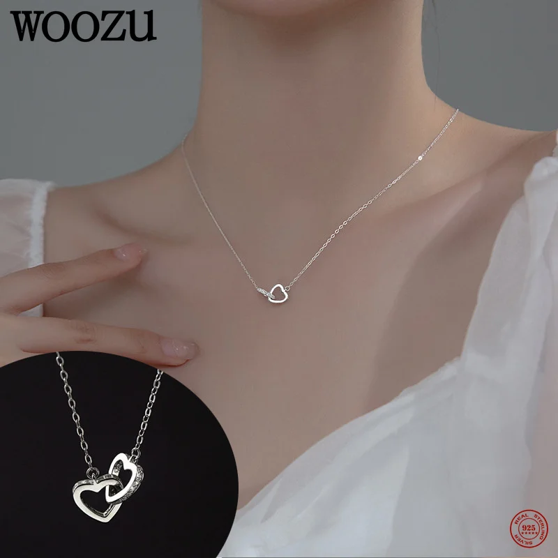 WOOZU 925 Sterling Silver Romantic Simple Shiny Zircon Love Heart Necklace for Women Daily Life Chain Trendy Jewelry Accessories