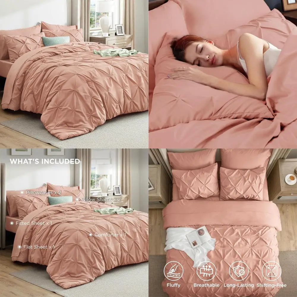 

7-Piece Dusty Pink Queen Comforter Set with Pintuck Design, All-Season Bedding, Sheets, Pillowcases & Shams
