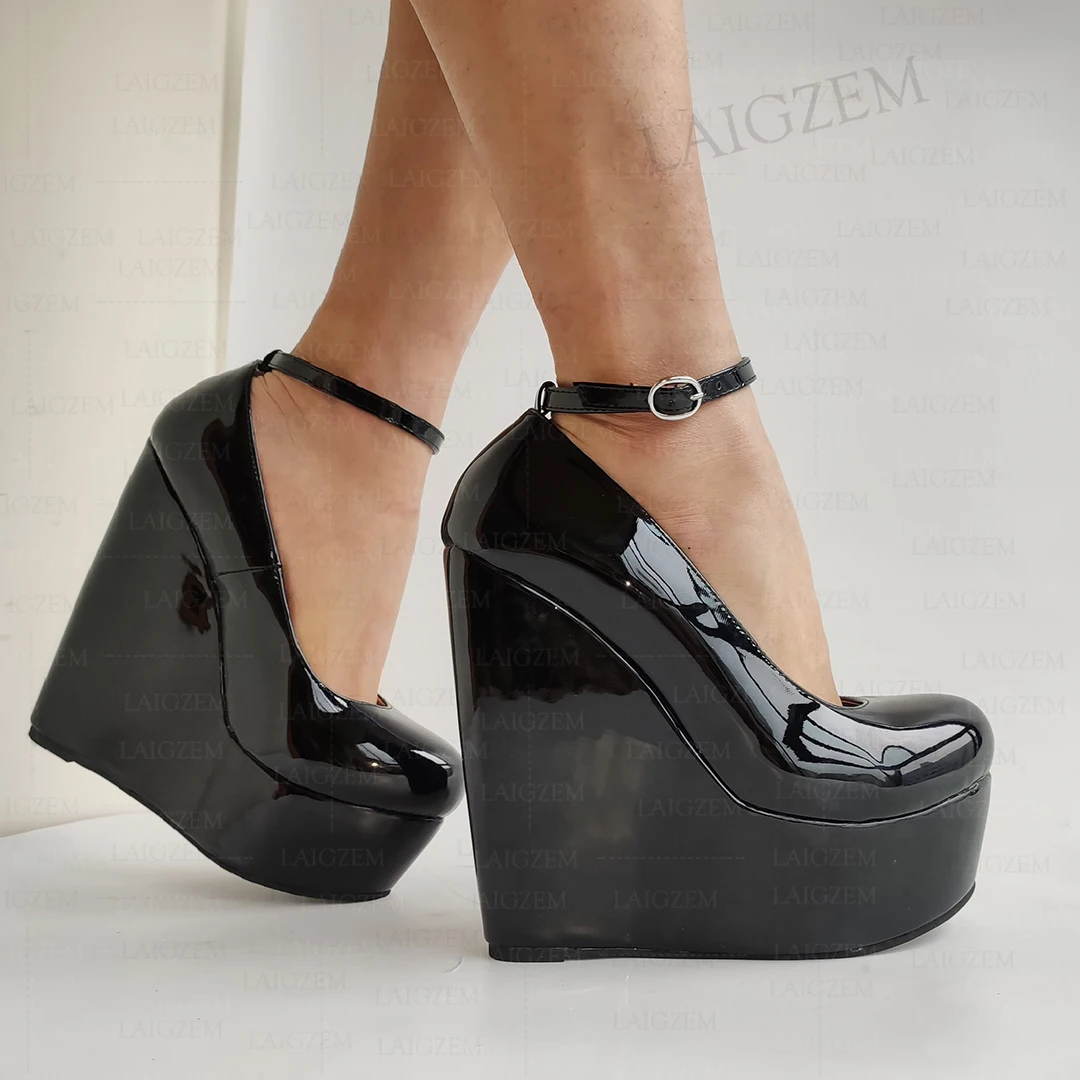 LAIGZEM Women Platform Wedges High Heels Shiny Round Toe Ankle Strap Handmade Ladies Shoes Woman Plus Big Size 41 43 45 47 52