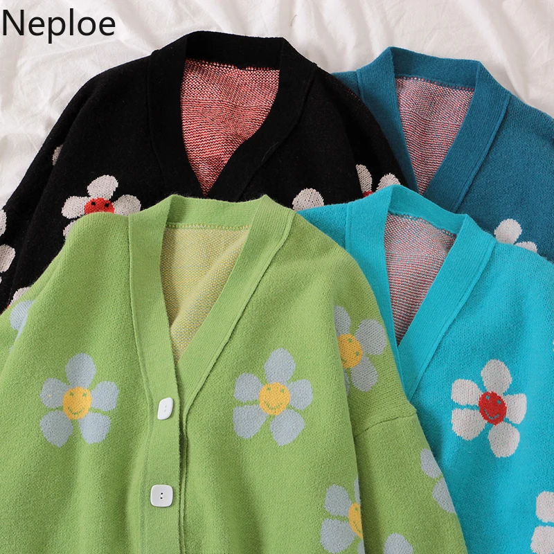 Neploe Preppy Style Flower Knit Cardigans Sweater Women V Neck Loose elegaht Thicked Pull Femme Print Short Casual Coat 46565