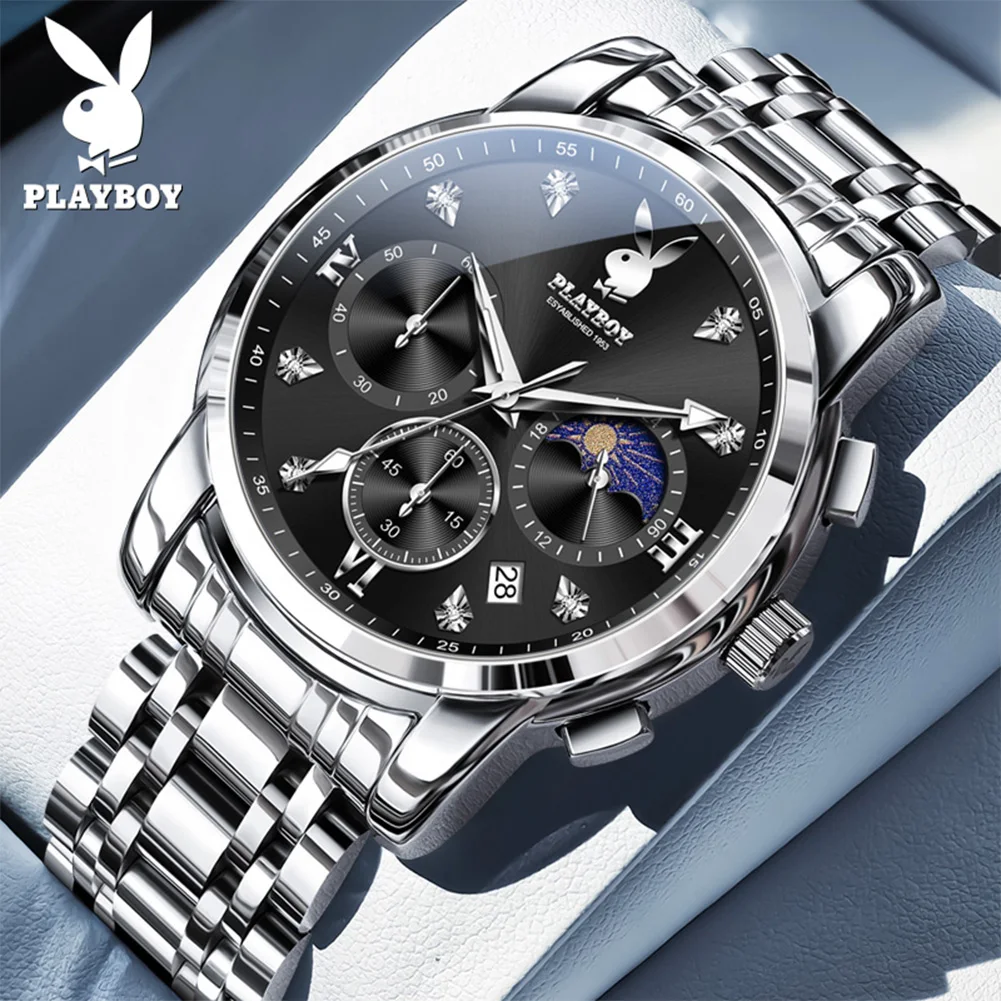 

PLAYBOY 3021 Men Watches Waterproof Luminous Quartz Wristwatch Moon Phase Watches For Man Original Business Luxury Reloj