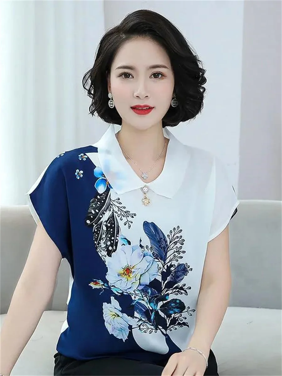 4XL Women Spring Summer Blouses Shirts Lady Fashion Casual Short Sleeve Turn-down Collar Flower Printing Blusas Tops G2122