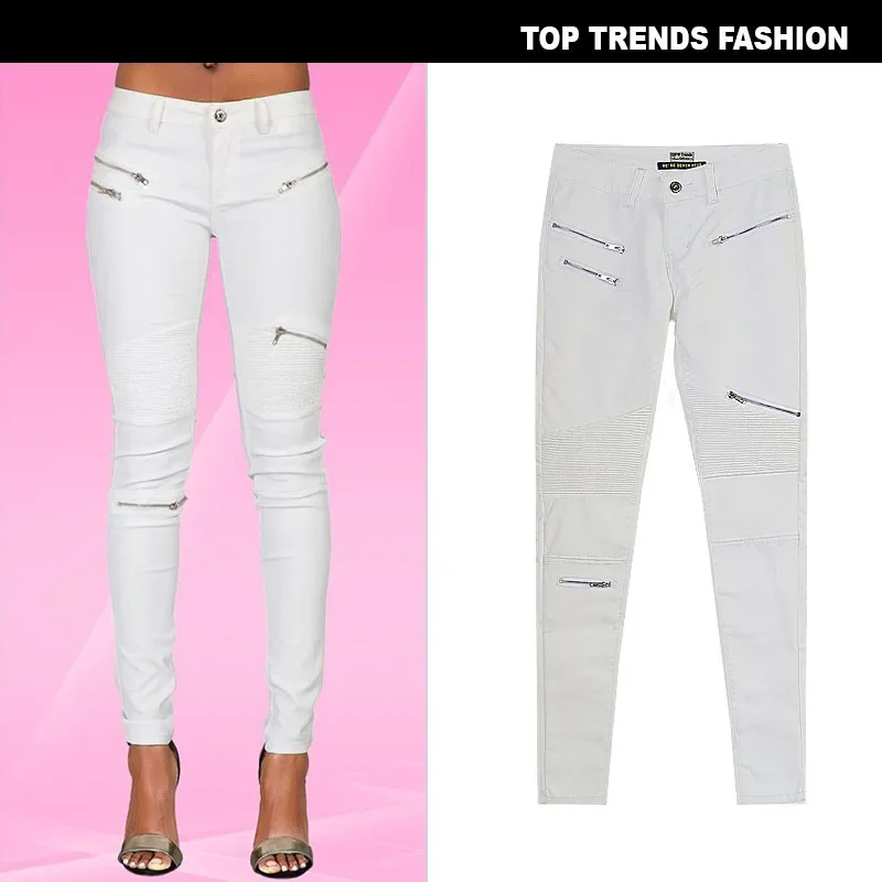 White Faux Leather Denim Leggings Patchwork Multi Zipper Motorcycle Womens Pants