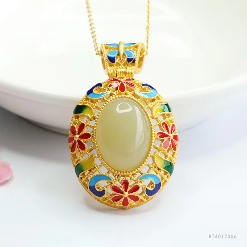 

Natural Hetian Jade Celadon Pendant Necklace with Enamel Accent HT4012006