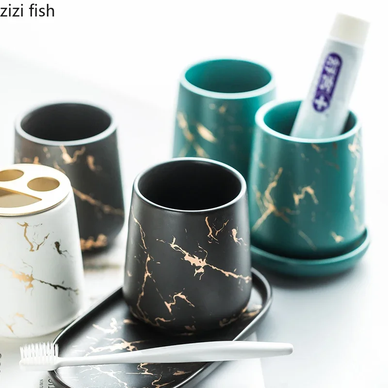 Gilded Marble Texture Mouthwash Cup Bathroom Set Home Use Ceramic Toothbrush Holder Soap Boxes Marbling Porcelain Bath Supplies