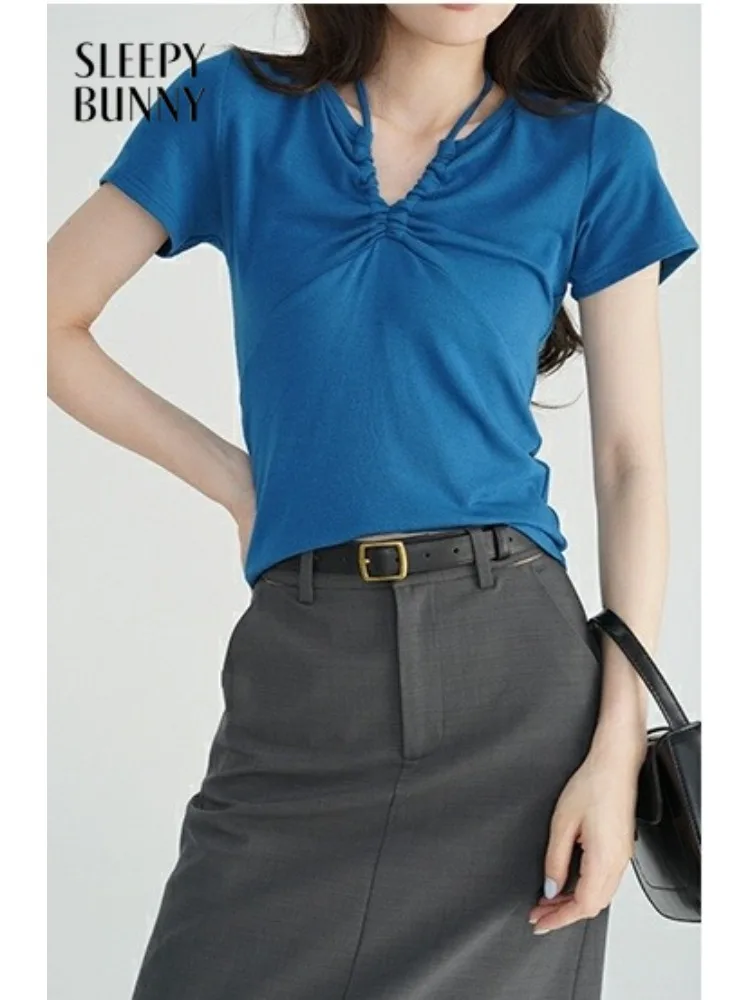 Femmes licou cou haut court v-avant cordon dame t-shirt à manches courtes élégant ajusté haut d'été décontracté solide Design vêtements de mode