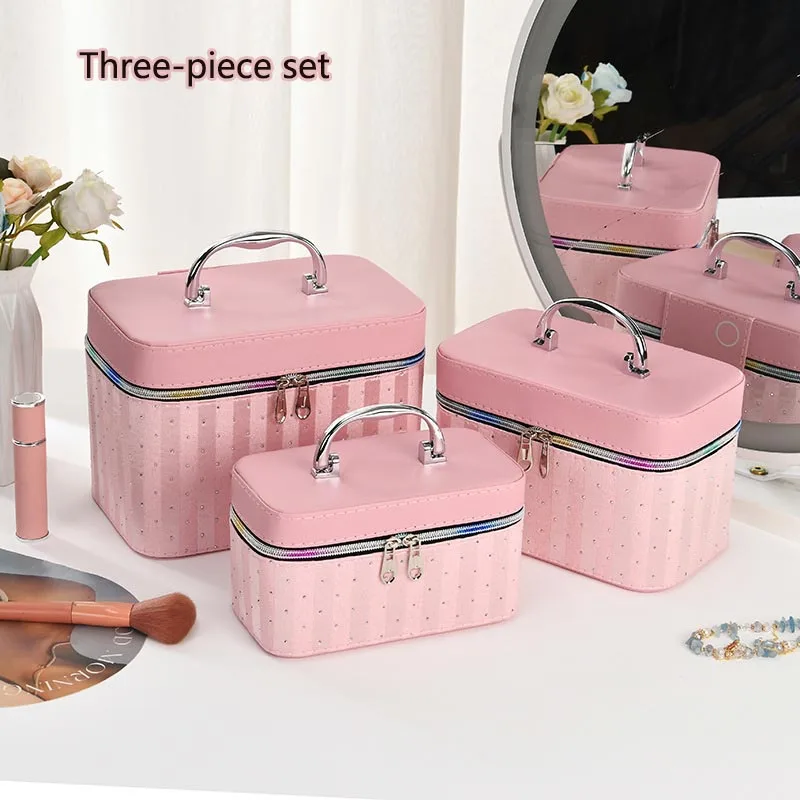 Diamond Makeup Bag Three Piece Set Large Capacity Women Multi Functional Home Storage Bag with Mirror Travel Cosmetic Bags