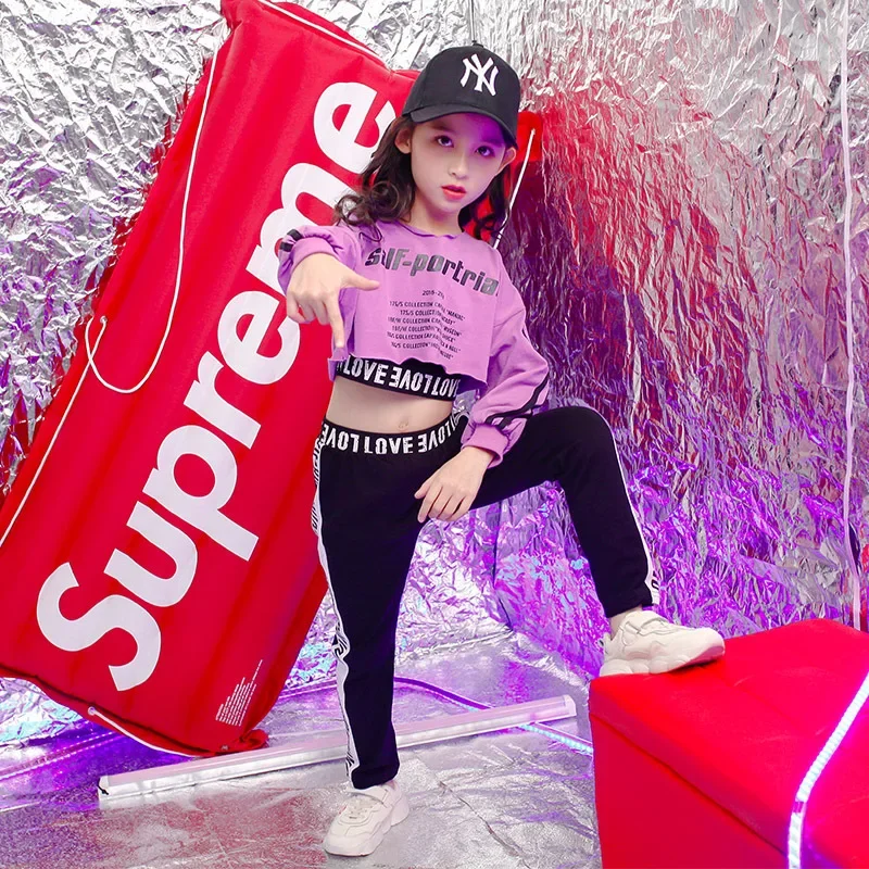 Lila Hoodies Hosen Kinder Hip Hop Tanz kleidung Ballsaal Kostüme Jazz Dance wear für Mädchen Bühnen outfit Street Dance Wear