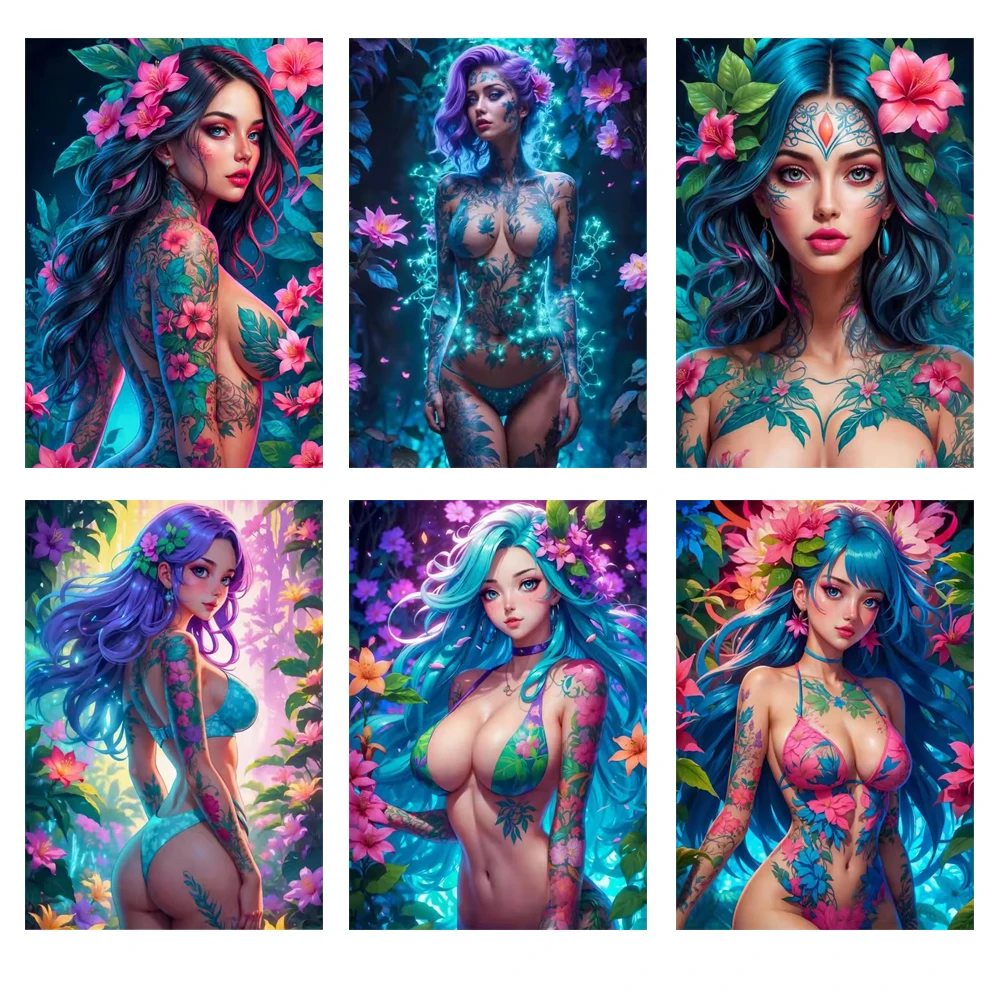 

Full Square Round Drill Floral Cyberpunk Girls Diy Diamond Painting Beautiful Flower Fashion Sexy Anime Girl Bedroom Decor Gifts