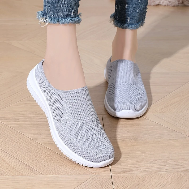 Women Breathable Knit Mules Slip On Backless Walking Shoes Soft Sole Elderly Mom Shoes Summer Mesh Comfort Casual Slippers